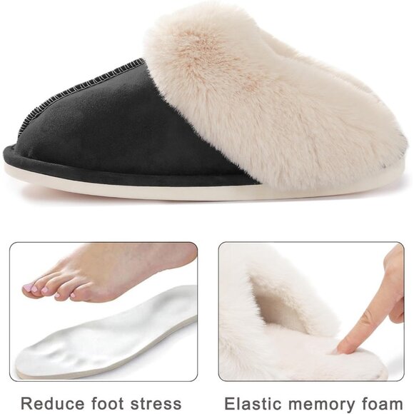 Women's Black Fluffy Cozy Winter Warm Plush Memory Foam Slip On Slippers Shoes - Picture 6 of 6